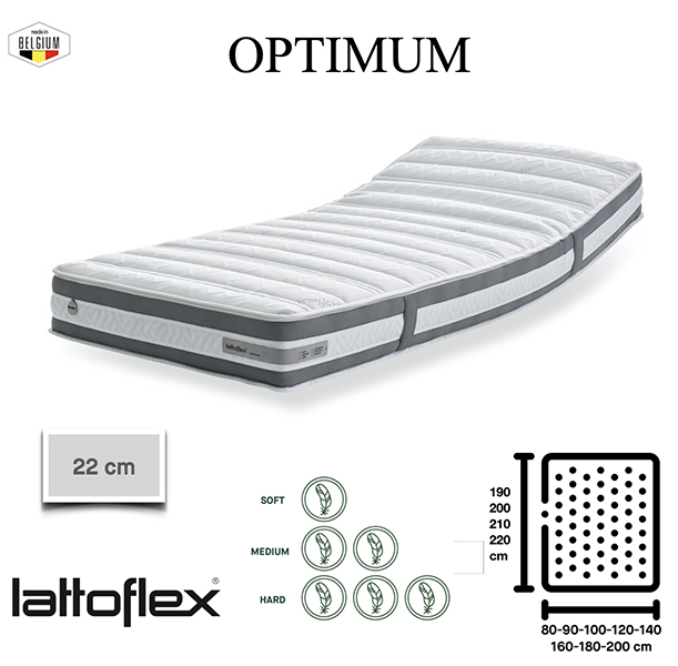 Le matelas Optimum de Lattoflex propose un noyau de 18cm en Latex naturel. Combiné à un sommier à lattes, le soutien est incomparable. Housse amovible.