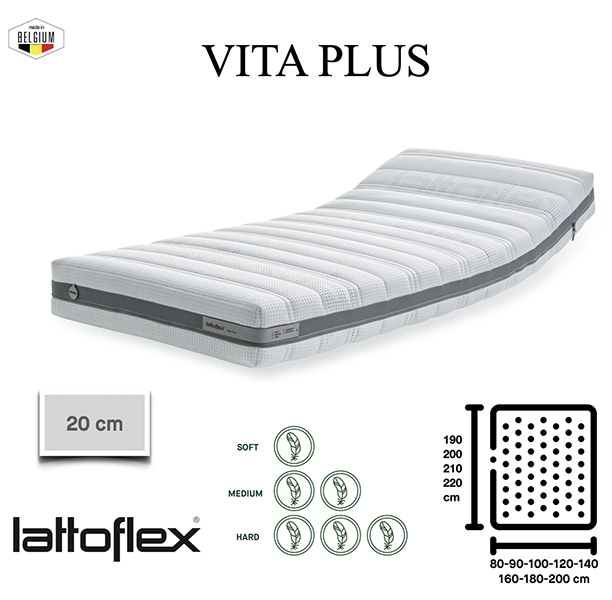 Le matelas Vita Plus de Lattoflex propose un noyau de 16cm en Latex de synthèse. Combiné à un sommier à lattes, le soutien est incomparable.Housse amovible.