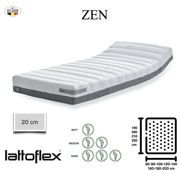 Le matelas Zen de Lattoflex propose un noyau de 16cm en Latex naturel. Combiné à un sommier à lattes, le soutien est incomparable. Housse amovible.